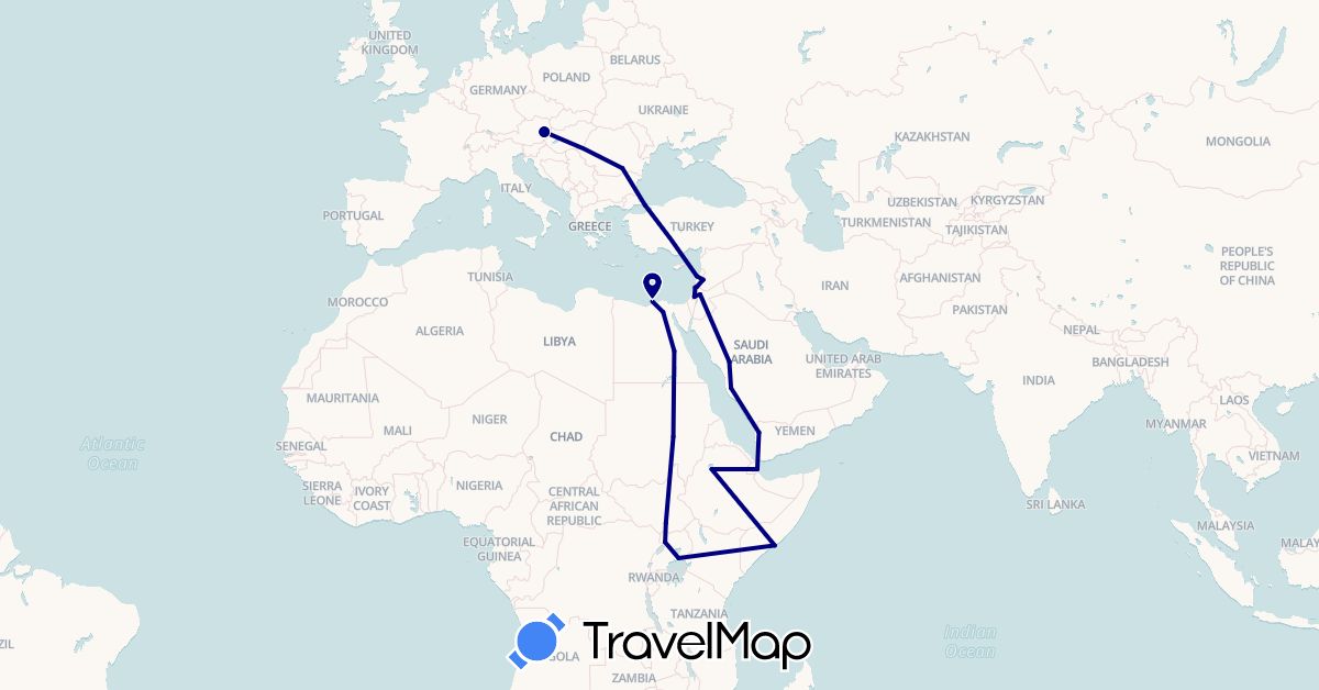 TravelMap itinerary: driving in Austria, Djibouti, Egypt, Ethiopia, Israel, Jordan, Lebanon, Palestinian Territories, Romania, Saudi Arabia, Sudan, Somalia, South Sudan, Syria, Turkey, Uganda, Yemen (Africa, Asia, Europe)